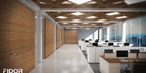Nowoczesne biuro z elementami drewna i betonu