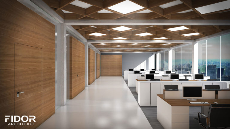 Nowoczesne biuro z elementami drewna i betonu