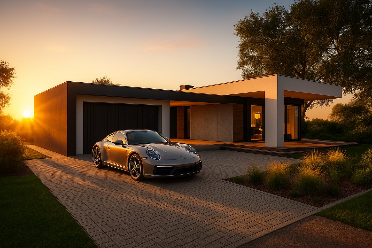 Dom-parterowy-z-plaskim-dachem-widok-na-podjazd-projekt-Fidor-Architekci-Gdansk