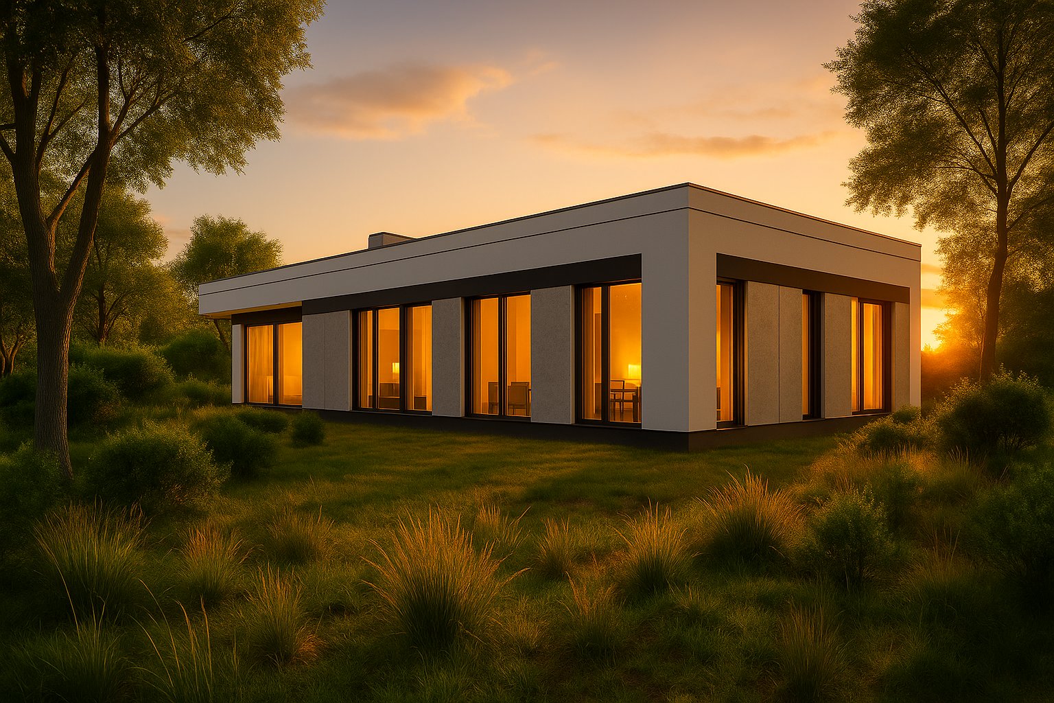 Dom-parterowy-z-plaskim-dachem-widok-na-przeszklona-elewacje-projekt-Fidor-Architekci-Gdansk