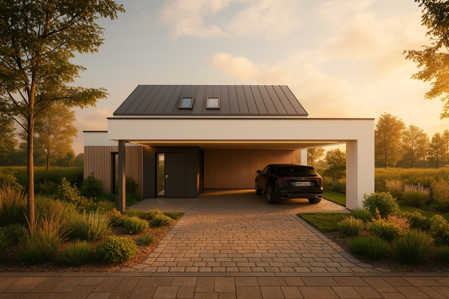 Nowoczesny-dom-jednorodzinny-w-stylu-nowoczesnej-stodoly-widok-na-wiate-garazowa-projekt-Fidor-Architekci-Jeczydol